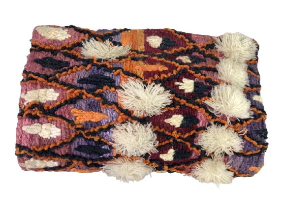 VTG JASPER & JEERA BOHO CHIC FABRIC CLUTCH BAG 9": VTG JASPER & JEERA BOHO CHIC FABRIC CLUTCH BAG 9" - 9" X 6.75" X 2"- MULTI-COLORED TWEED FABRIC WITH POM POMS- METAL FRAME PULLS TO OPEN- GOOD VINTAGE CONDITION