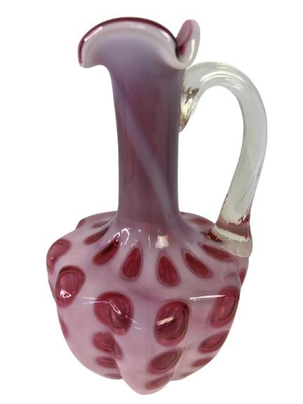 VINTAGE RED & WHITE GLASS PITCHER 6.25": VINTAGE RED & WHITE GLASS PITCHER 6.25" - 6.25" HIGH, 3" DIAMETER- PRETTY BUBBLE DESIGN IN GLASS- VERY GOOD VINTAGE CONDITION