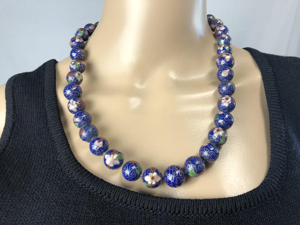 VTG BLUE CLOISONNE BEADED NECKLACE 44": VTG BLUE CLOISONNE BEADED NECKLACE 44"- DROP IS 22" - DARK BLUE CLOISONNE BEADS W/FLOWER DESIGN- PRETTY GOLD FILIGREE CLOSURE- VERY GOOD VINTAGE CONDITION