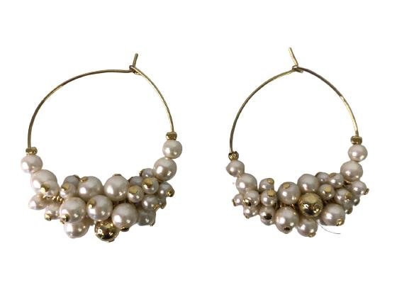VINTAGE PEARL & GOLD HOOP EARRINGS 2": VINTAGE PEARL & GOLD HOOP EARRINGS 2" - GOLD HOOPS W/CLUSTER OF PEARLS- VERY GOOD VINTAGE CONDITION