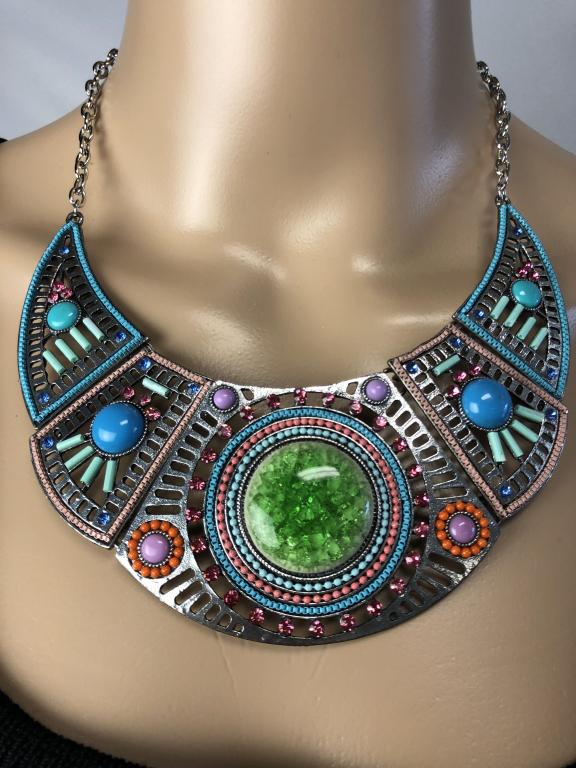 VTG SILVER & MULTI-COLOR BEADED CHOKER 17": VTG SILVER & MULTI-COLOR BEADED CHOKER 17" - DROP IS 8.5" - EGYPTIAN STYLE DESIGN- BEADS & STONES OF MANY COLORS- VERY GOOD VINTAGE CONDITION