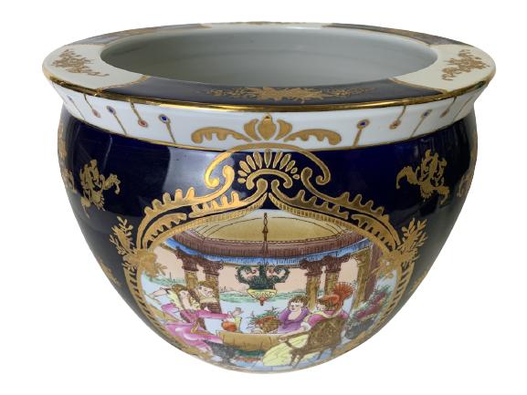 LIMOGES L.F. PORCELAIN JARDINIER PLANTER 11": LIMOGES L.F. PORCELAIN JARDINIER PLANTER WITH VICTORIAN SCENE INDOOR OUTDOOR PLANTER VASE HOME DECOR FRENCH ANTIQUES FRENCH HOME DECOR COLLECTIBLE FINE PORCELAIN POTTERY -11" X 14" APPROX-VERY GOOD CO