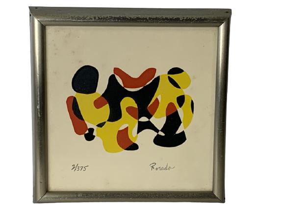 JULIO ROSADO MID CENTURY MODERN ABSTRACT PRINT 8": -8" X 8" TO FRAME APPROX-VERY GOOD VINTAGE CONDITION, SLIGHT DISCOLORATION, MARKS TO FRAME LOSS OF FRAME -DP21721