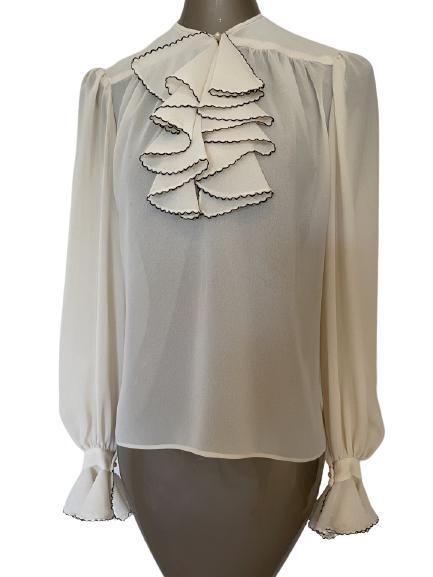 VTG ANNE KLEIN RUFFLED DRESSY BLOUSE W/ BLACK TRIM: VTG ANNE KLEIN RUFFLED DRESSY BLOUSE W/ BLACK TRIM