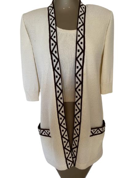 ST JOHN COLLECTION WHITE CARDIGAN AND SHELL: ST JOHN COLLECTION WHITE CARDIGAN AND SHELL -SZ P-WINTER WHITE WITH BLACK TRIM