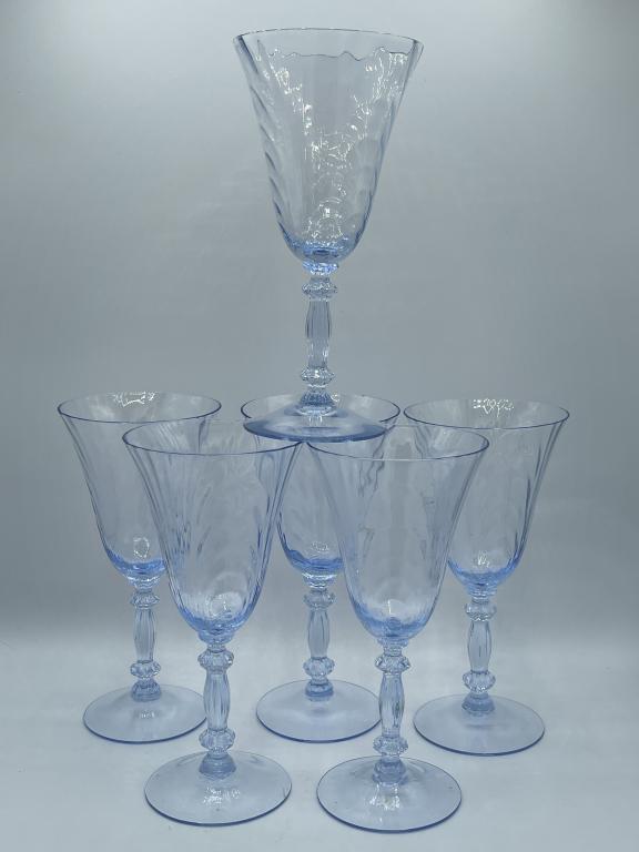 VTG SET OF 6 BLUE DEPRESSION WINE GLASSES: VTG SET OF 6 BLUE DEPRESSION WINE GLASSES -GOOD VINTAGE CONDITION-MAY HAVE VERY SMALL CHIPS ON SOME