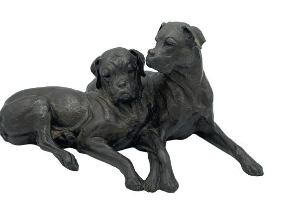 VTG SCULPTURE OF 2 BOXER DOGS: VTG SCULPTURE OF 2 BOXER DOGS -FELT BOTTOM-COMPOSITE MATERIAL