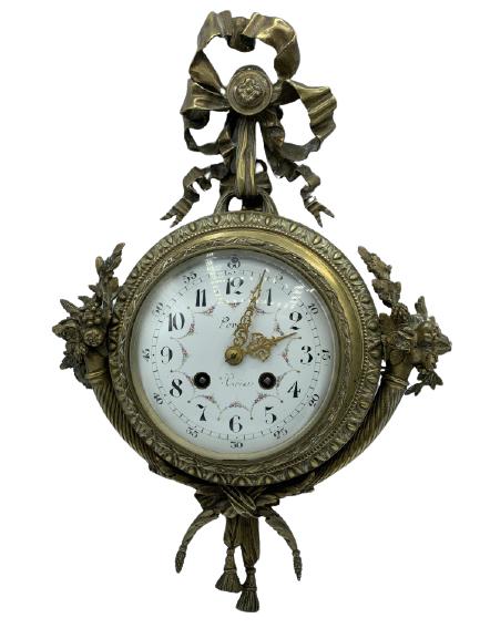 ANTIQUE PEROU FRENCH STYLE BRASS WALL CLOCK 15": ANTIQUE PEROU FRENCH STYLE BRASS WALL CLOCK -15" X 9" X 4" APPROX-GOOD VINTAGE CONDITION, NOT TESTED, PENDULUM DETACHED INSIDE, SMALL CHIP TO GLASS, KEY INCLUDED