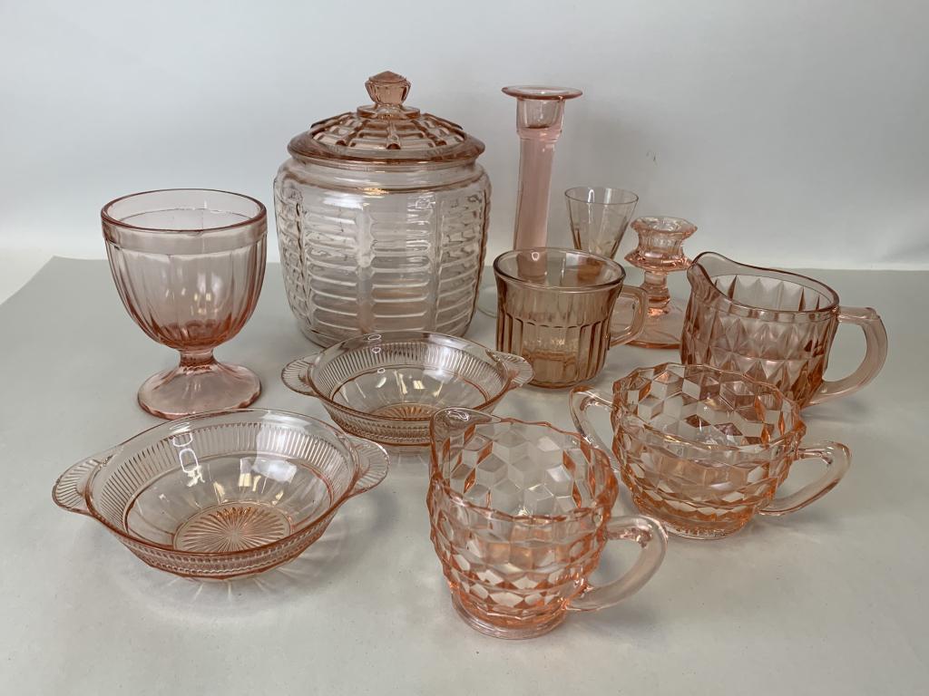 LOT OF ASSORTED ARCOROC PINK DEPRESSION GLASS: LOT OF ASSORTED ARCOROC PINK DEPRESSION GLASS TEA CUPS DISHES PLATES KITCHENWARE SERVER BOWLS CANDLESTICKS TABLE ACCESSORIES ETC COLLECTIBLE COLLECTOR SHOWCASE PIECES KITCHEN DINING ROOM TABLE DECOR D