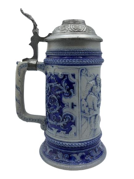 VTG GERMAN BLUE GREY STONEWARE BEER STEIN 8": VTG GERMAN BLUE GREY GLAZED STONEWARE BEER STEIN COLLECTIBLE COLLECTOR BARWARE BAR DECOR MANTIQUES MANCAVE DRINKING GLASSES-8" X 5" APPROX-VERY GOOD CONDITION-DP22421