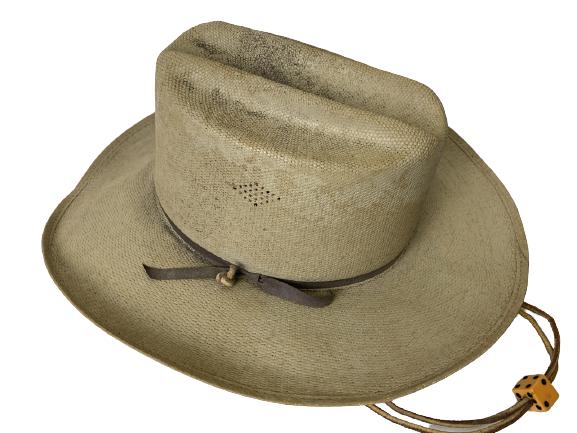 VINTAGE STETSON STYLE COWBOY RANCHER HAT 7 1/8: VINTAGE STETSON WESTERN STYLE AQUA PROCESSED WASHABLE COWBOY RANCHER HAT WITH BAKELITE LUCKY DICE CHINSTRAP HOLDER-7 1/8 SIZE-VERY GOOD VINTAGE CONDITION CONSISTENT WITH AGE AND USE , PIECE OF HEADBAN