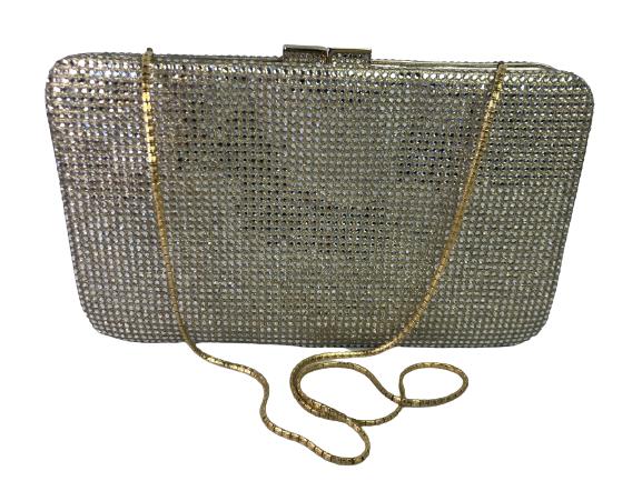 VTG JUDITH LEIBER GOLD & CRYSTAL EVENING BAG 9": VTG JUDITH LEIBER GOLD & CRYSTAL EVENING BAG 9" Luxury Handbags Fashion Accessories Women's Leather Goods Evening 9" x 1" x 5.5"- CHAMPAGNE SILK LINING W/TWO POCKETS- CRYSTAL EMBEDDED SNAP CLOSURE- GO