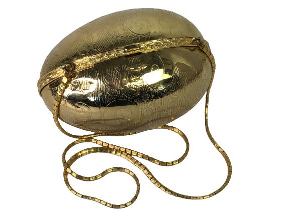 VINTAGE JUDITH LEIBER GOLD EGG SHOULDER BAG 6": VINTAGE JUDITH LEIBER GOLD EGG SHOULDER BAG 6" Luxury Handbags Fashion Accessories Women's Leather Goods Evening - 6" X 4"- ETCHED EGG ON PRETTY CHAIN SHOULDER STRAP- PUSH CLOSURE- TWO DENTS ON UNDER