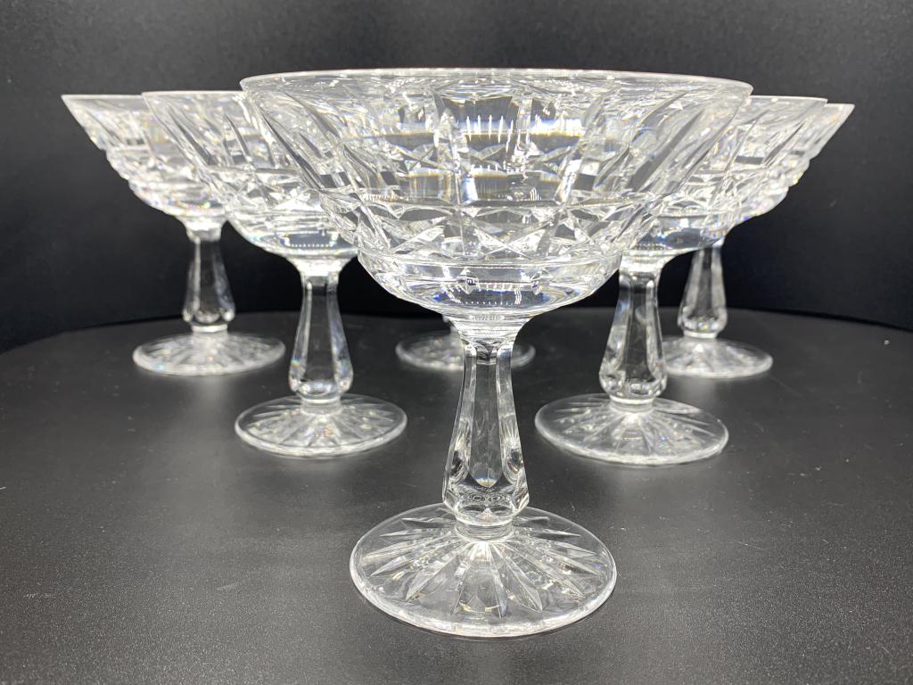 6 VTG WATERFORD MARQUIS COUPE SPIRIT GLASSES 5": 6 VTG WATERFORD MARQUIS WINE & SPIRITS CHAMPAGNE COUPE / MARTINI COCKTAIL GLASSES COLLECTIBLE CRISTAL GLASS COLLECTOR DINING ROOM KITCHEN DECOR STEMWARE BARWARE TRADITIONAL CRAFT COCKTAILS (1 OF 2) -