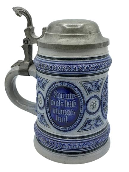 VTG GERMAN BLUE GLAZED STONEWARE BEER STEIN 5": VTG AUTHENTIC GERMAN BLUE GREY GLAZED STONEWARE BEER STEIN COLLECTIBLE COLLECTOR BARWARE BAR DECOR MANTIQUES MANCAVE DRINKING GLASSES-5" X 3" APPROX-VERY GOOD CONDITION-DP22421