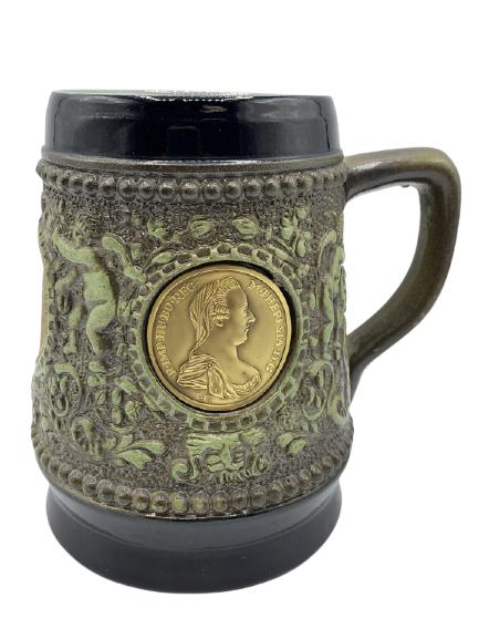 VTG ORIGINAL EARTHENWARE AUSTRIAN SILVER COIN MUG: VTG ORIGINAL EARTHENWARE MUG WITH AUSTRIAN SILVER COINS EMBEDDED COLLECTIBLE COLLECTOR BEER STEINS BARWARE MANCAVE MANTIQUES BAVARIA -5" X 5" APPROX-VERY GOOD CONDITION, NO CHIPS -MARKED ORIGINAL ON B