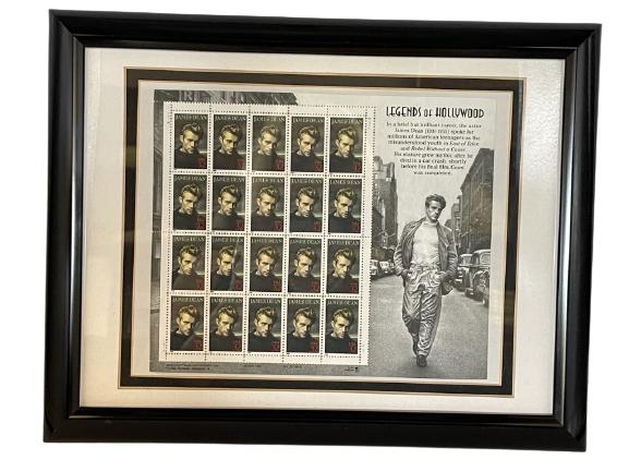 VINTAGE JAMES DEAN STAMPS-LEGEND OF HOLLYWOOD: VINTAGE JAMES DEAN STAMPS-LEGEND OF HOLLYWOOD -VERY GOOD CONDITION-FULL SHEET OF 20 X 32 CENT POSTAGE STAMPS-IN FRAME