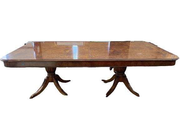 DUNCAN PHYFE STYLE WOOD W BRASS CLAWFOOT TABLE 98": VINTAGE DUNCAN PHYFE STYLE INLAY WOOD W BRASS CLAWFOOT DINING ROOM TABLE TRADITIONAL HOME DECOR REGENCY STYLE -31" X 98" X 47" APPROX-VERY GOOD VINTAGE CONDITION CONSISTENT WITH AGE AND USE, SOME WEAR