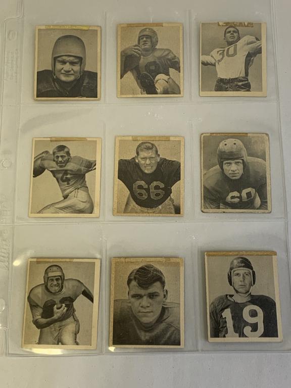 SET OF 9 1948 BOWMAN GUM FOOTBALL CARDS: SET OF 9 1948 BOWMAN GUM FOOTBALL CARDS BOSH PRITCHARD FRED GEHRKE JOHN MASTRANGELO LEN YOUNCE CLYDE TURNER MICHAEL MIKE MICKA JAMES MAC PEEBLES RUSS THOMAS PATRICK PAT WEST COLLECTIBLE SPORTS MEMORAB