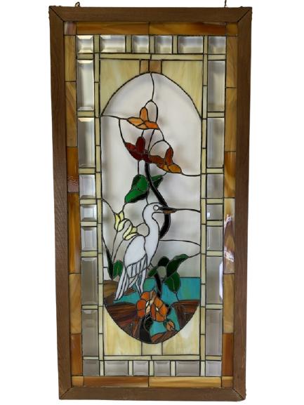 STAINED GLASS HERON & FLOWERS ART WINDOW 47.5" (1 of 8)