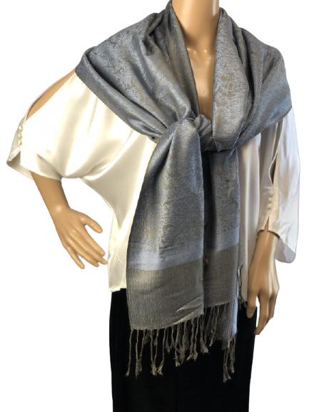 VINTAGE LIGHT BLUE & BROWN FRINGED PASHMINA 72" (1 of 5)