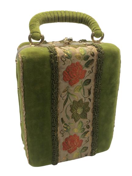VINTAGE OLIVE VELVET & BROCADE TOP HANDLE BAG 6" (1 of 5)