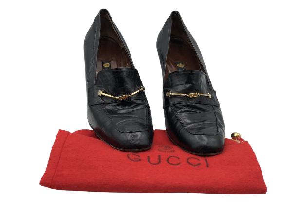 VTG GUCCI BLACK STACK HEEL LOAFERS SIZE 9.5M (1 of 5)