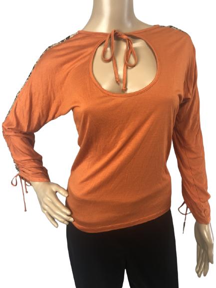 ROBERTO CAVALLI ORANGE LONG SLEEVE BLOUSE SZ 42: ROBERTO CAVALLI ORANGE LONG SLEEVE BLOUSE SZ 42 - TIE STRINGS ON NECKLINE AND SLEEVES- SNAKESKIN STRIPE DESIGN ON SLEEVES- 88% RAYON- 12% SILK