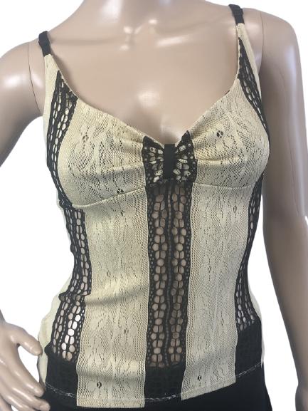VTG ROBERTO CAVALLI BEIGE & BLACK LACE TOP SZ 42: VTG ROBERTO CAVALLI BEIGE & BLACK LACE TOP SZ 42 - ADJUSTABLE STRAPS- GOOD VINTAGE CONDITION