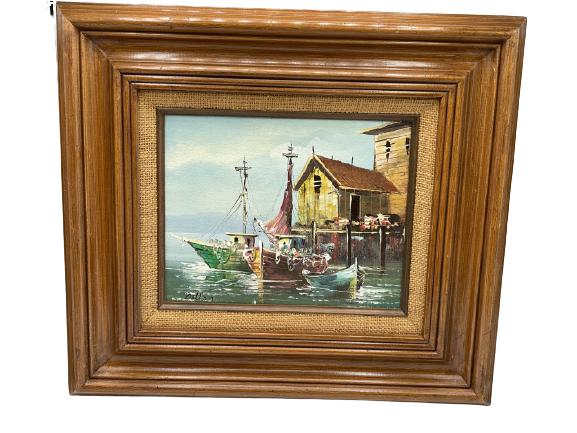 VTG OIL BOAT PAINTING SIGNED DILLON: VTG OIL BOAT PAINTING SIGNED DILLON