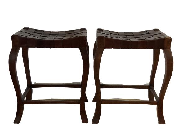2 WOVEN LEATHER TOP WOOD BAR / KITCHEN STOOLS 26" (1 of 11)