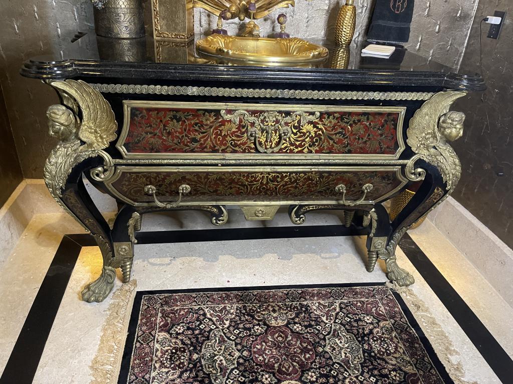 STUNNING NEOCLASSIC BATHROOM VANITY: STUNNING NEOCLASSIC BATHROOM VANITY -BLACK LAQUER WITH WINE AND GOLD ACCENTS -DOES NOT INCLUDE SINK, FAUCETS -56" x 36"h x 28"d -PAIR OF TWO PEGASUS MOUNTED ON EACH SIDE 
