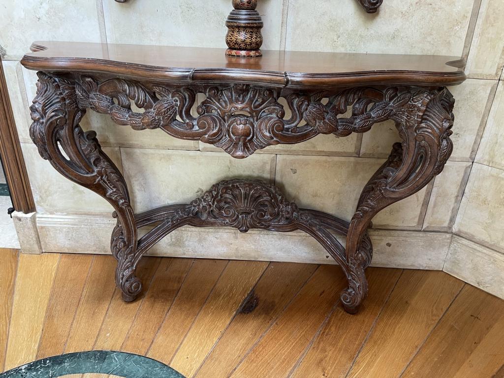 ELABORATE HAND CARVED WOOD CONSOLE: ELABORATE HAND CARVED WOOD CONSOLE -57.5" X 20" X 34" * PREVIEW for serious pre-qualified buyers Saturday April 10th 12-4 by appointment ONLY. Appointments must be made at least 24 hours in advance an