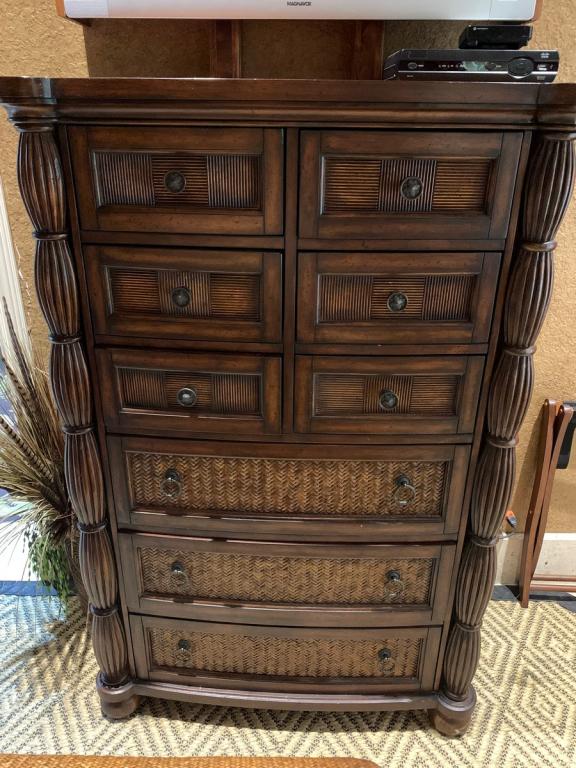 HEMINGWAY STYLE WOVEN RATTAN HIGHBOY DRESSER 57" (1 of 7)