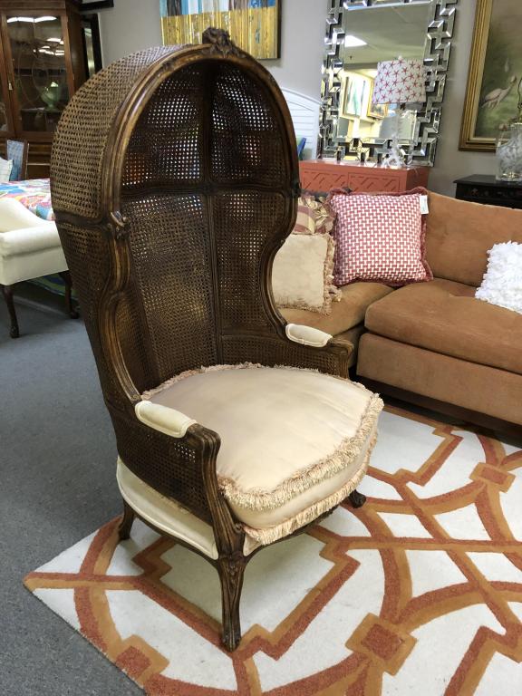 VINTAGE CARVED WOOD & CANE HIGH BACK HOODED CHAIR (1 of 7)