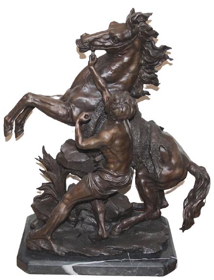LRG BRONZE SCULPTURE ON MARBLE "MAN TAMING HORSES" (1 of 3)