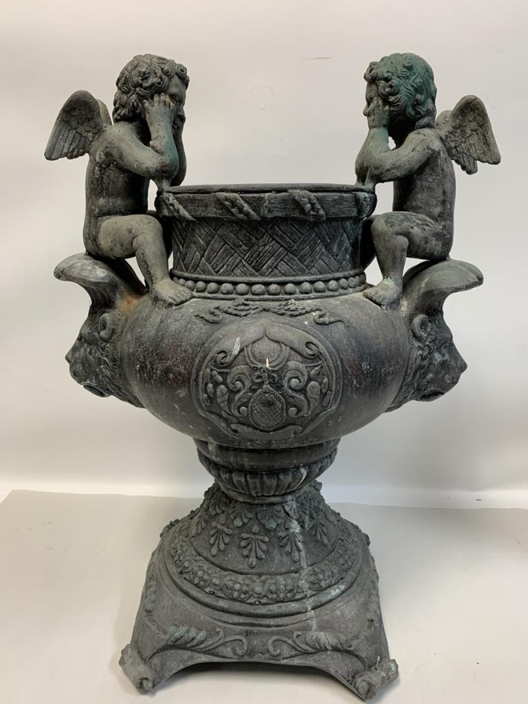 NEOCLASSICAL BRONZE CHERUB HANDLED GARDEN URN 23" (1 of 10)