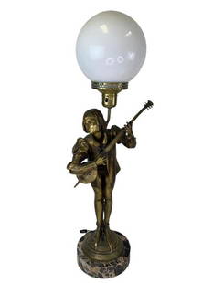 JUL GROSJEAN ART NOUVEAU SCULPTURE LAMP 33": JULES AIME GROSJEAN FRENCH ART NOUVEAU SCULPTURE LAMP WITH HEAVY MARBLE BASE WITH TAG READING HOUDEBINE BRONZIER PARIS | MID CENTURY STYLE LIGHTING LAMPS SCULPTURES STATUES BRONZES HOME DECOR -33" X 1