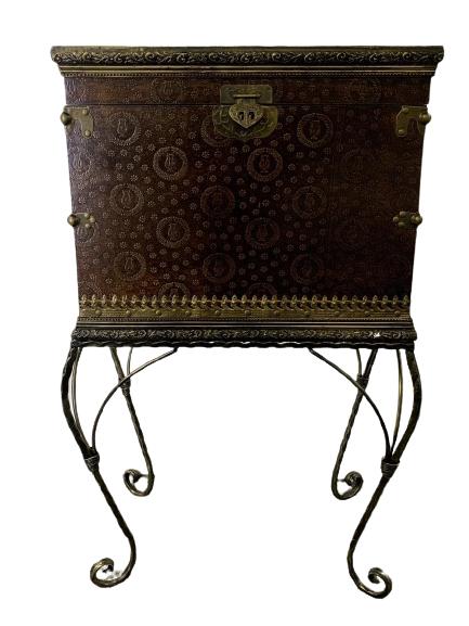 EMBOSSED STORAGE TRUNK ON WROUGHT IRON STAND 40" (1 of 9)