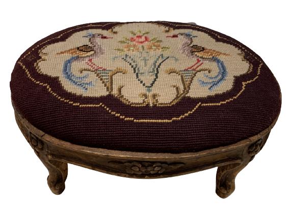 ANTIQUE EMBROIDERED NEEDLEPOINT FOOTSTOOL BENCH (1 of 4)