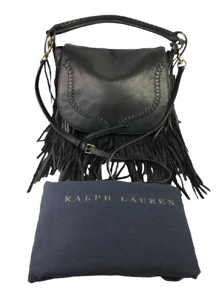 VTG POLO RALPH LAUREN BLACK FRINGED SADDLEBAG 8.5": VTG POLO RALPH LAUREN BLACK FRINGED SADDLEBAG 8.5" - 12" X 4" X 8.5" - SPACIOUS SADDLE BAG WITH INSIDE ZIPPER POCKET AND POCKET UNDER THE FLAP. - SUPPLE BLACK LEATHER WITH A TOP HANDLE AND FOLD OVER F