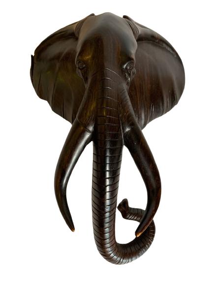 MAITLAND SMITH STYLE WOOD ELEPHANT WALL ART 11": VINTAGE MAITLAND SMITH STYLE WALNUT WOOD ELEPHANT DECORATIVE WALL ART-11" X 8" X 5" APPROX-CONDITION CONSISTENT WITH AGE, CHIP TO EAR, SEE PHOTO