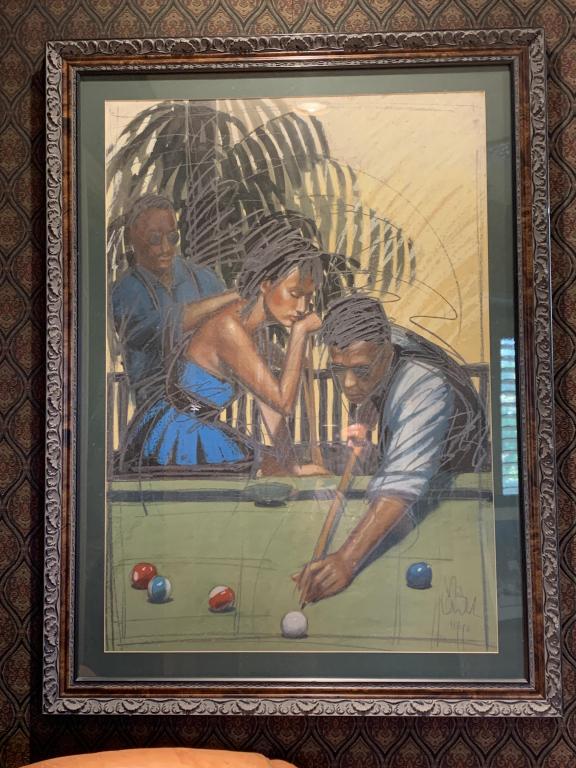MIXED MEDIA BILLIARDS PLAYER FRAMED ART  48" (1 of 2)
