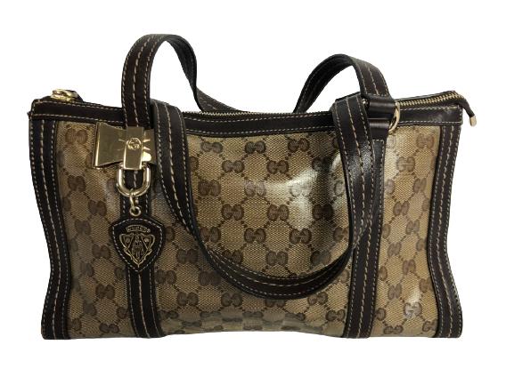 GUCCI TRIANGLE SHAPED HANDBAG BEIGE/BRWN CANVAS (1 of 5)