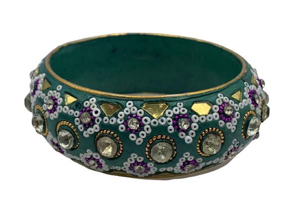 RARE KARL LAGERFELD / TIZIANI ENAMELED BRACELET 3": RARE 1960'S KARL LAGERFELD / TIZIANI GREEN ENAMELED BRACELET WITH INTRICATE BEADWORK AND MOSAIC COSTUME JEWELS -3" DIAMETER-VERY GOOD CONDITION CONSISTENT WITH AGE AND USE , MISSING BEAD-( evening gow