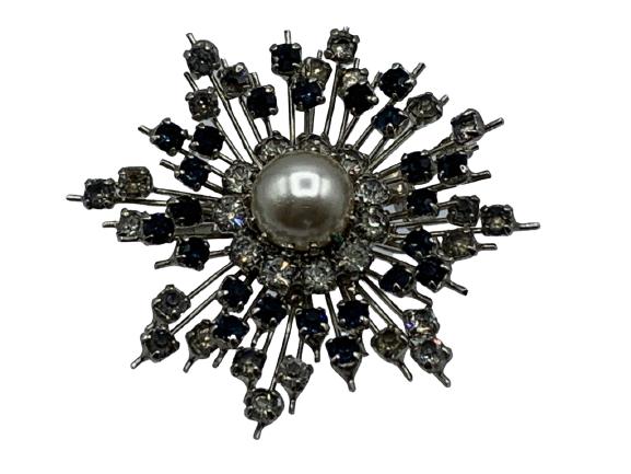 LAGERFELD / TIZIANI  PEARL & SILVER DECO BROOCH 2" (1 of 3)