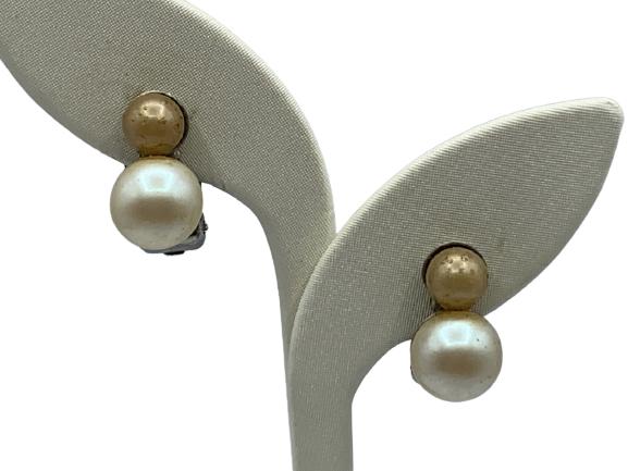 LAGERFELD / TIZIANI LARGE MOBY PEARL EARRINGS .5": RARE LAGERFELD / TIZIANI VINTAGE 1960'S MID CENTURY DECO STYLE DOUBLE SET STACKED MOBY PEARL EARRINGS WITH CLIP ON BACKS-.5" APPROX-VERY GOOD CONDITION CONSISTENT WITH AGE AND USE-DP41221--( evening g