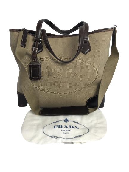 PRADA DARK BROWN CANVAS LOGO JACQUARD TOTEBAG (1 of 6)