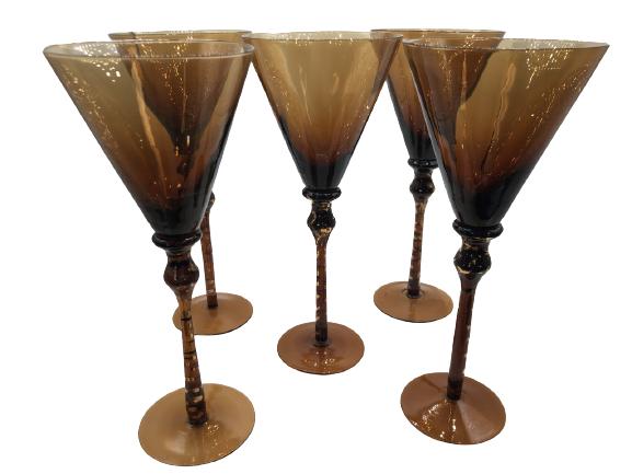 VINTAGE AMBER COCKTAIL GLASSES SET OF 5: - 11.5" HIGH, 5" DIAMETER- PRETTY STEMS WITH A TOUCH OF GOLD- GREAT FOR MARGARITAS, MARTINIS OR ANY COCKTAIL- VERY GOOD VINTAGE CONDITIONentertaining, glasses, drinking, cocktail party, home accessori