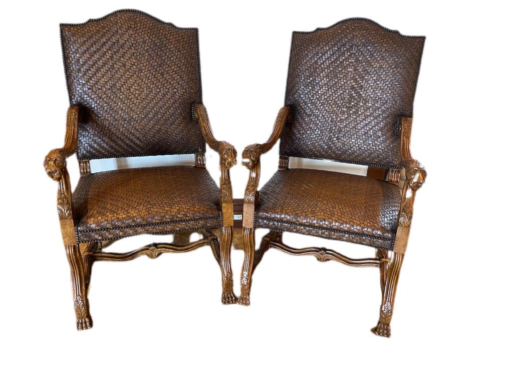 PR OF WOVEN LEATHER LION HEAD CHAIRS (1 of 7)
